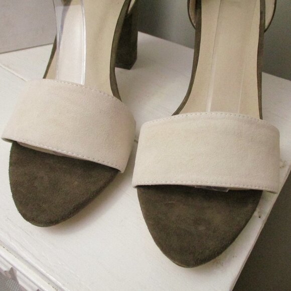 RAYE Leia taupe 9.5 strappy block heel sandals shoes heels suede buckle - Picture 2 of 9